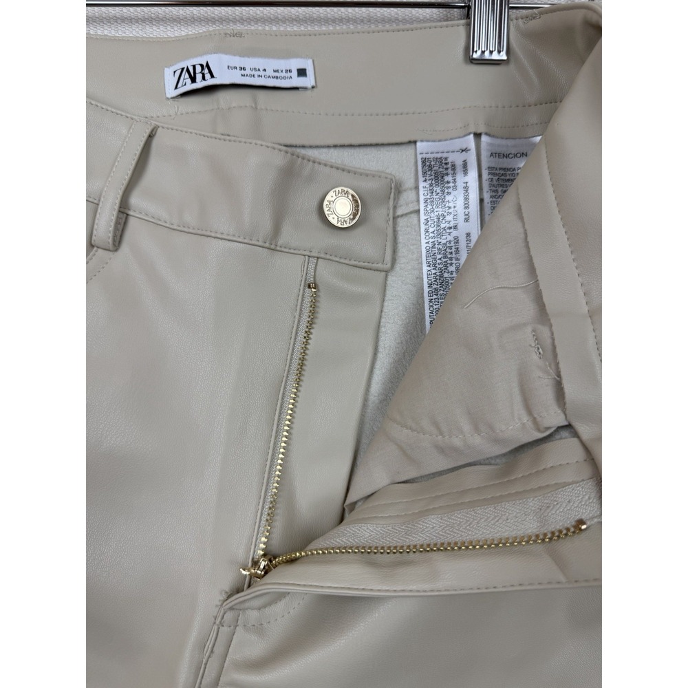 Zara Beige Faux Leather Women's Fit Pants 4 Straight Leg Stretchy 28X25 Gold Zip - Picture 10 of 12